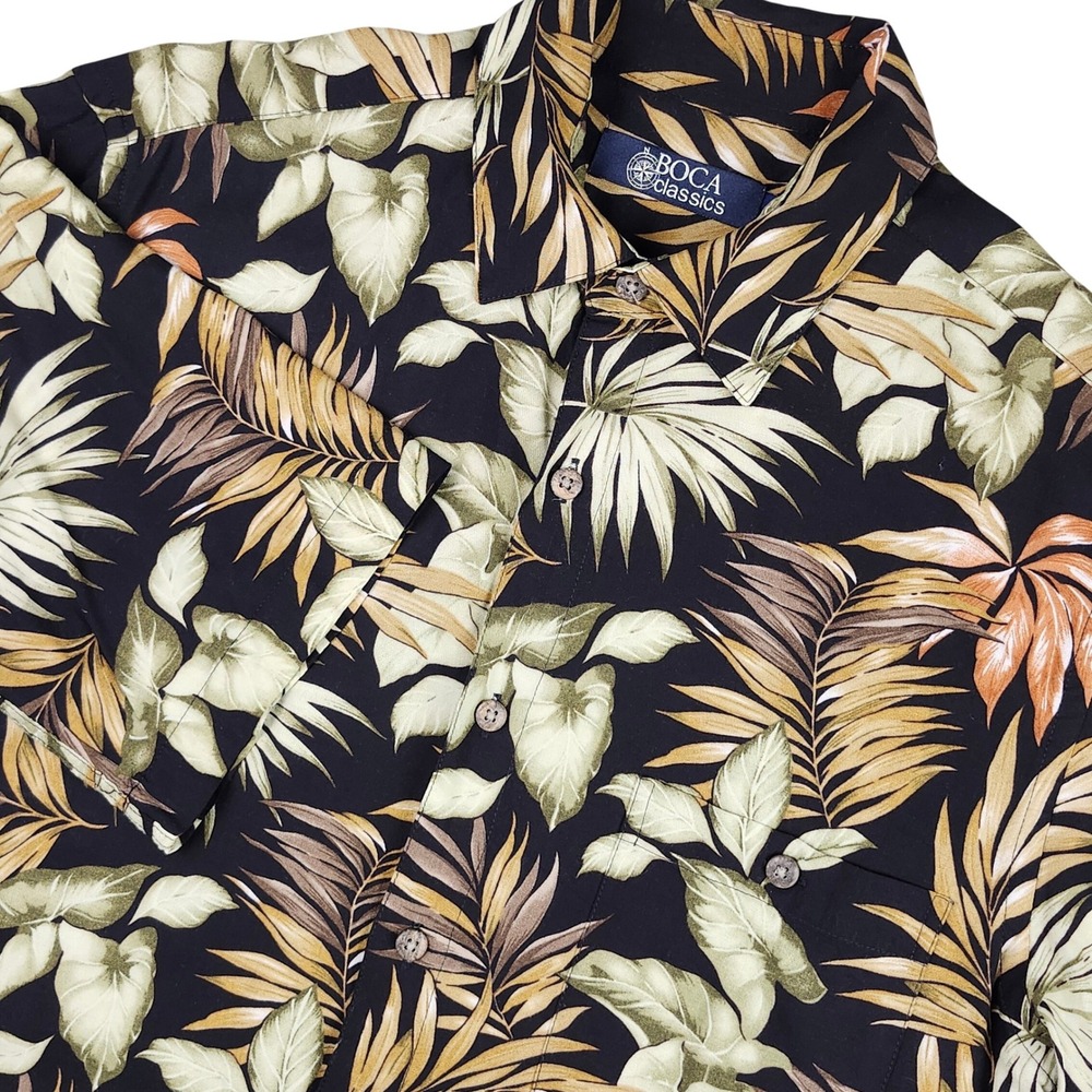 Boca Classics Button Down Shirt Mens S Black Hawaiian Tropical Floral Palm Aloha